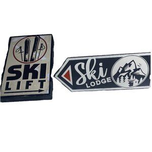 Winter Ski Lift Metal 11.65x 4.48 & MDF 9.29x6.14 Decor Lodge Signs (2 Pieces)
